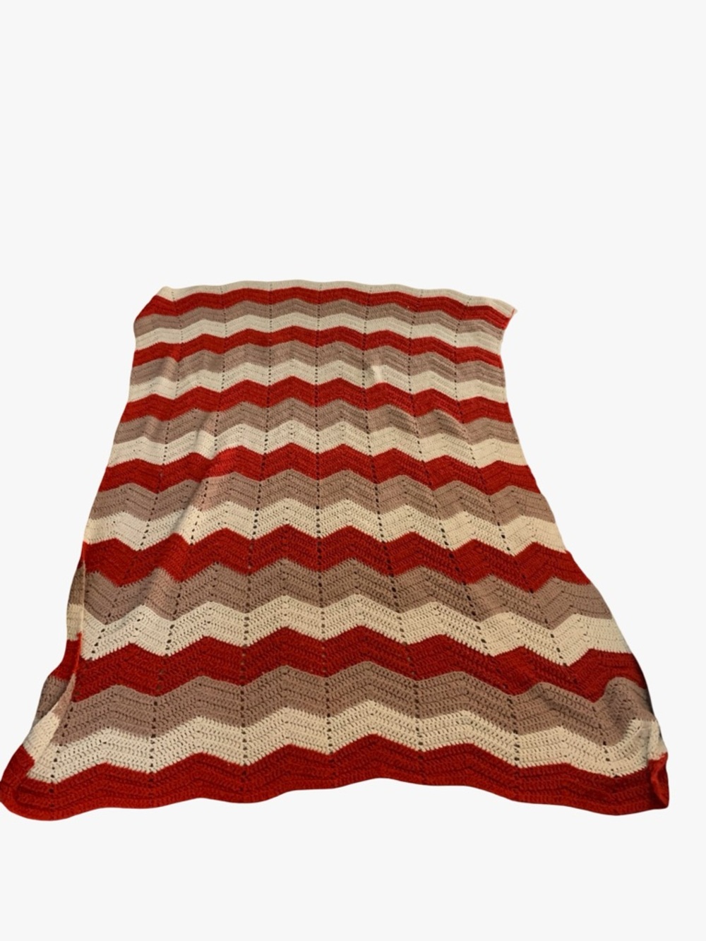 VINTAGE CHEVRON CREAM BROWN RED CROCHET AFGHAN BLANKET THROW ZIG ZAG 73L 53W